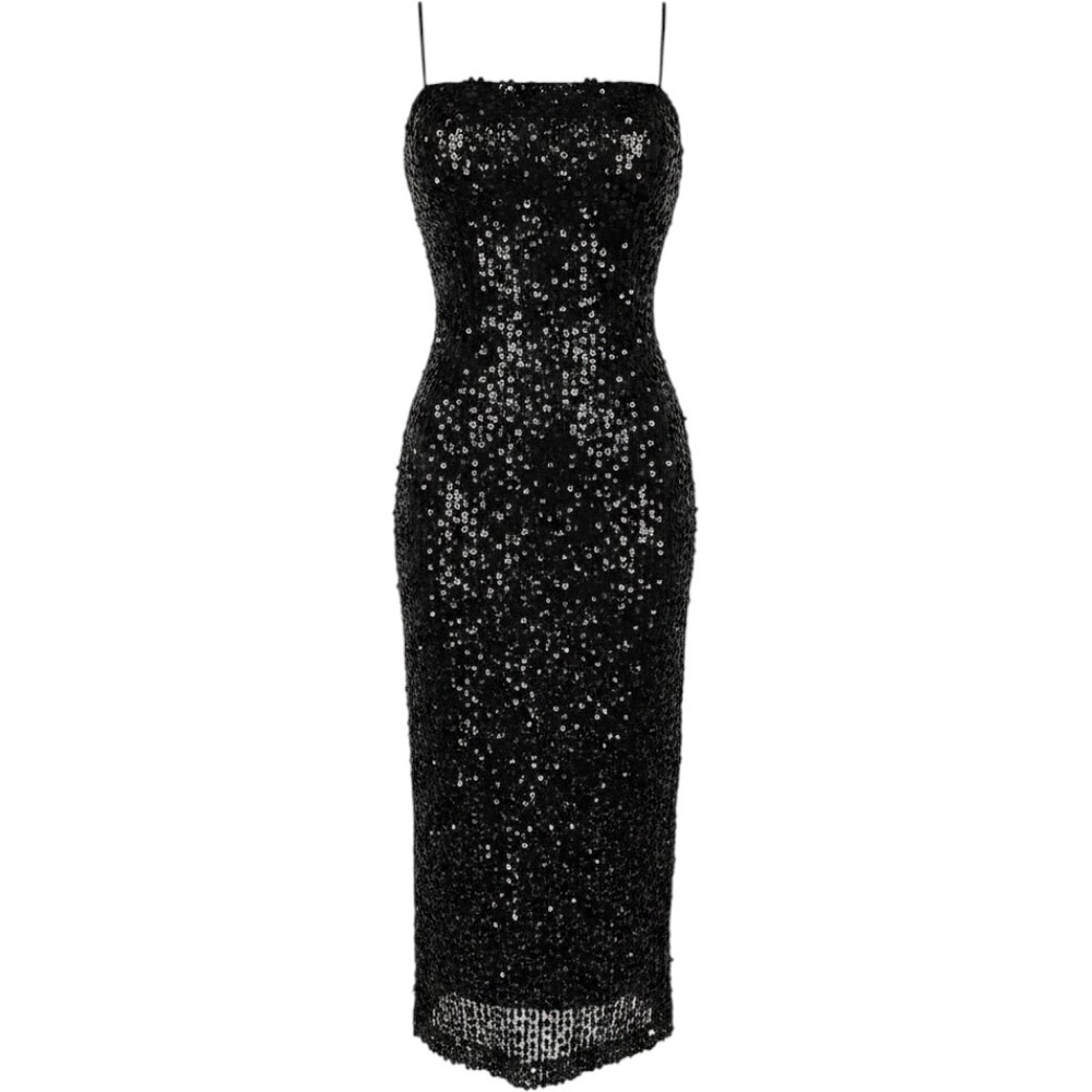 Alberto Makali Black Sequin Maxi Dress Spaghetti Strap Column Formal Sz M L